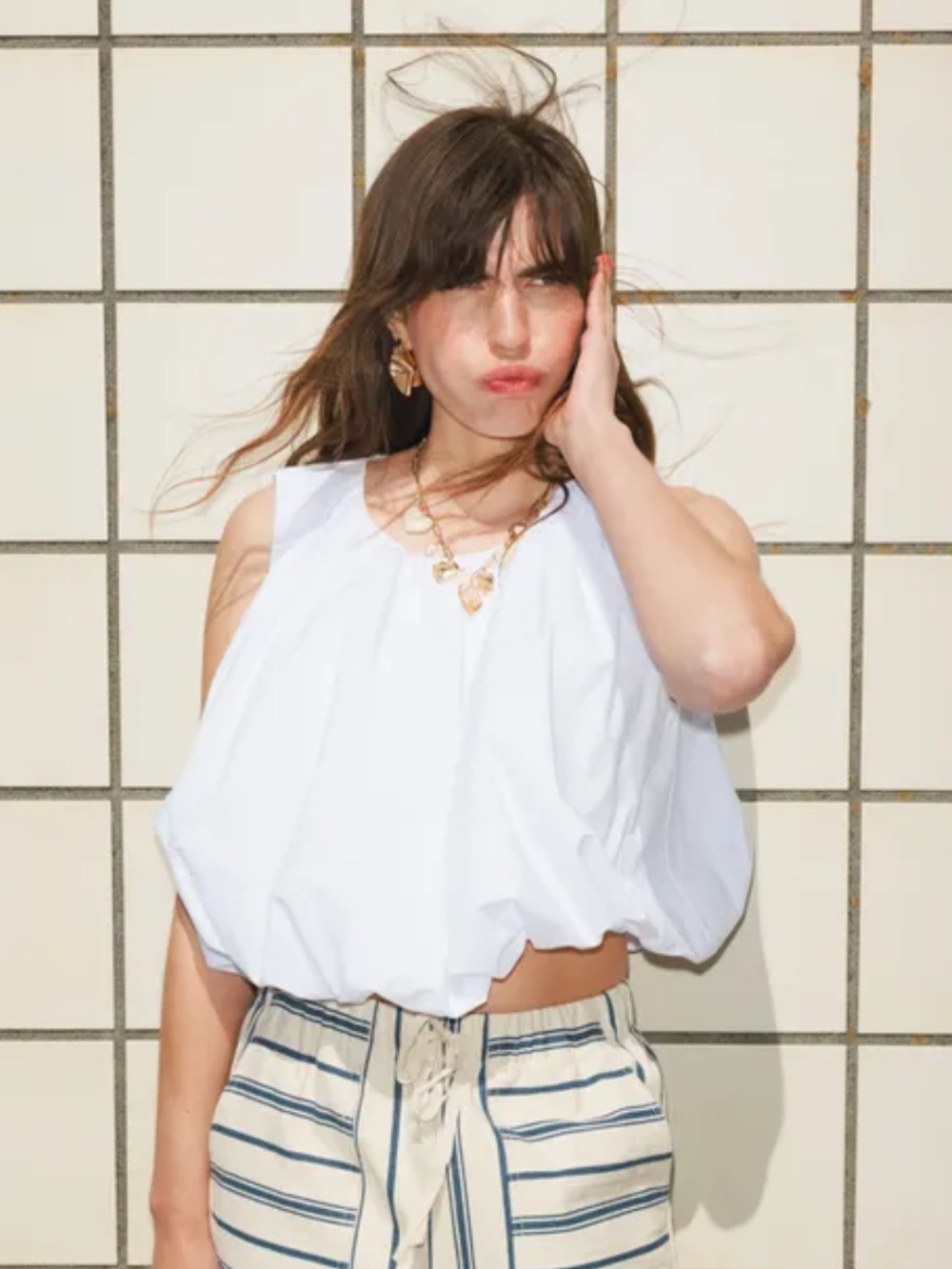 PROMOD Sleeveless Puffball cotton blouse